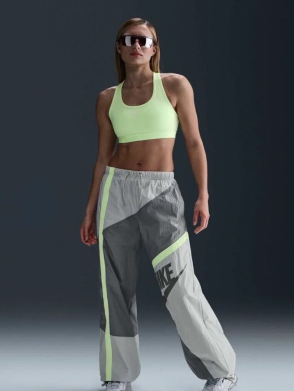 Nike Light Gray Windbreaker Track Pants with Neon Lime Trim (Worn Once)
